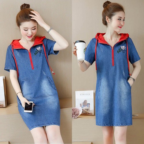 Đầm Jean Suông Phối Nón Thêu Hoa Hồng - NJ2839